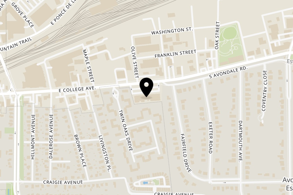 Map showing the location of Pepper Roost Hot Chicken on 2827 E College Ave in Decatur